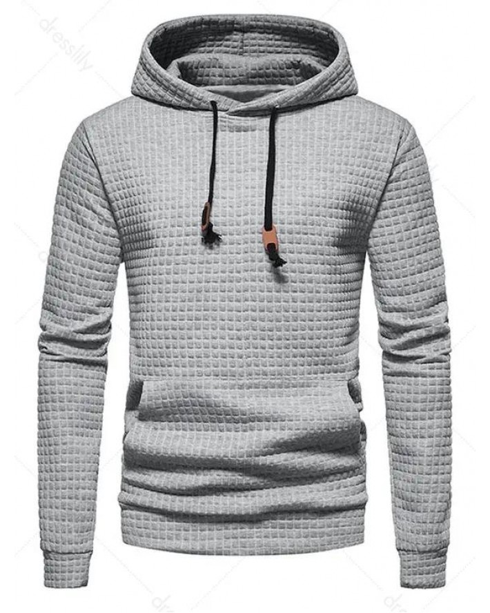 Textured Plain Color Hoodie Kangaroo Pocket Drawstring Applique Casual Hoodie