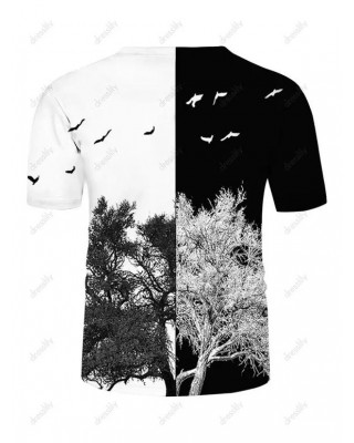 Tree Bird Print Two Tone T-shirt