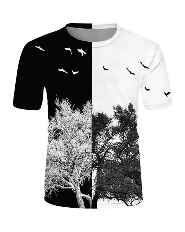 Tree Bird Print Two Tone T-shirt