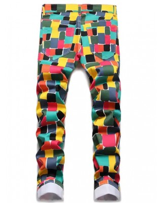 Colored Jeans Geometric Print Jeans Pockets Zipper Fly Long Casual Denim Pants