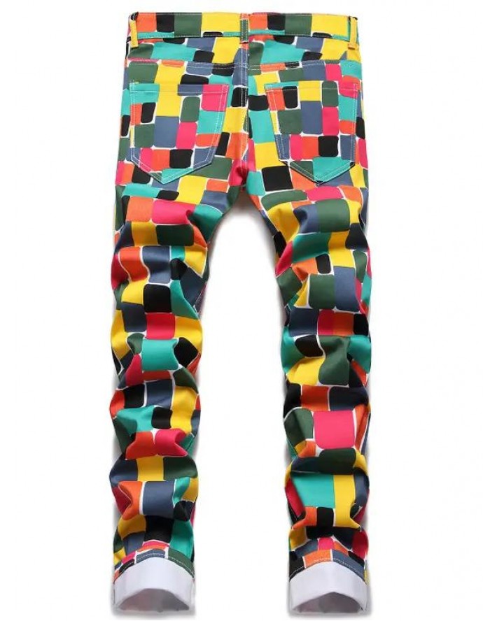 Colored Jeans Geometric Print Jeans Pockets Zipper Fly Long Casual Denim Pants