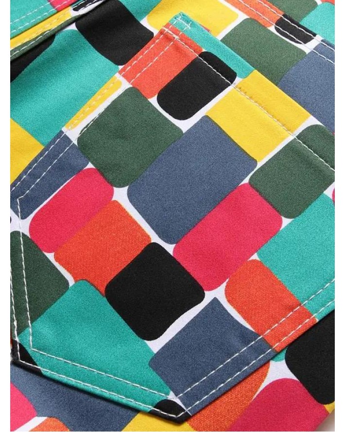Colored Jeans Geometric Print Jeans Pockets Zipper Fly Long Casual Denim Pants