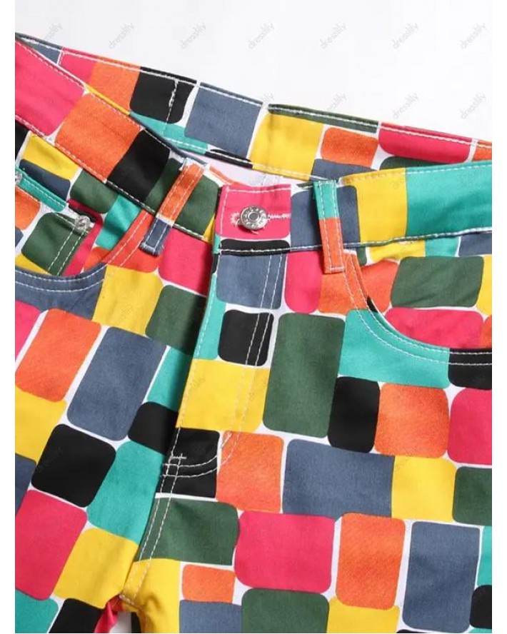 Colored Jeans Geometric Print Jeans Pockets Zipper Fly Long Casual Denim Pants