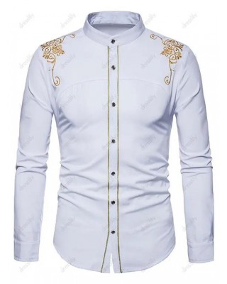 Embroidered Stand Collar Long Sleeve Shirt