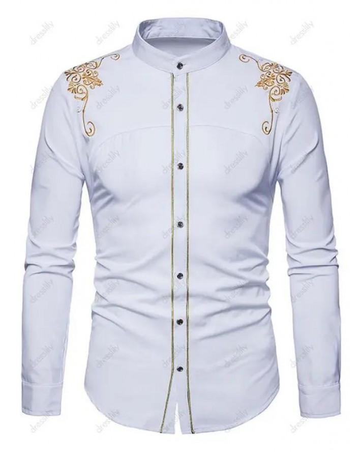 Embroidered Stand Collar Long Sleeve Shirt