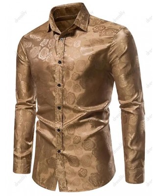 Vintage Rose Flower Shirt Long Sleeve Button Up Slim Fit Casual Shirt