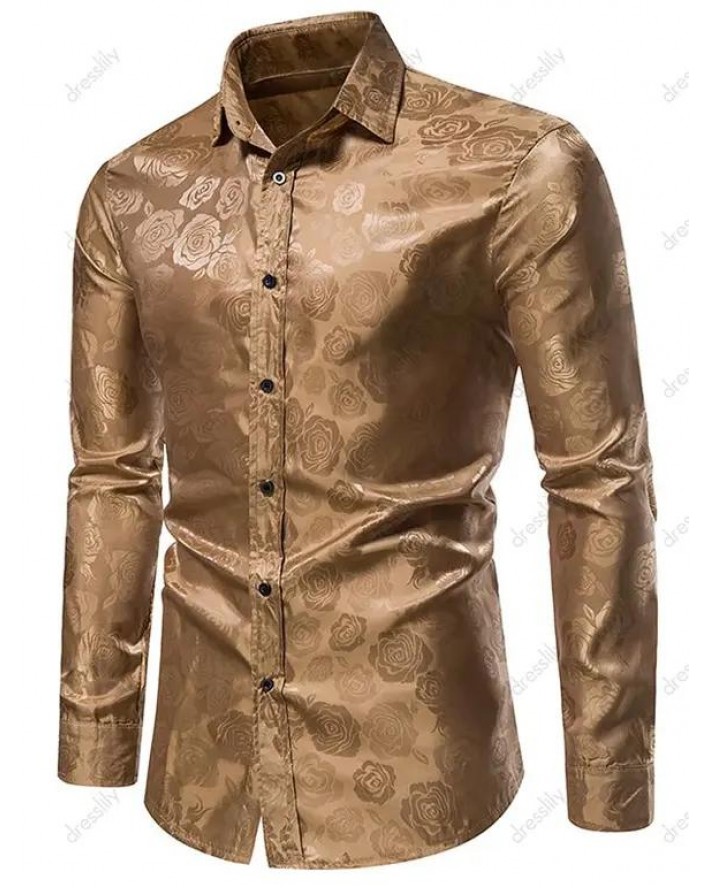 Vintage Rose Flower Shirt Long Sleeve Button Up Slim Fit Casual Shirt