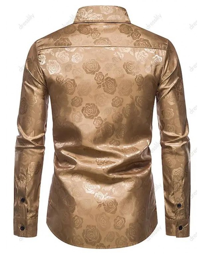 Vintage Rose Flower Shirt Long Sleeve Button Up Slim Fit Casual Shirt