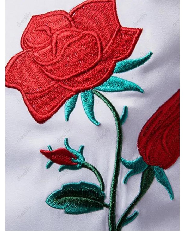 Button Up Shirt Embroidery Rose Pattern Long Sleeve Turn Down Collar Casual Shirt