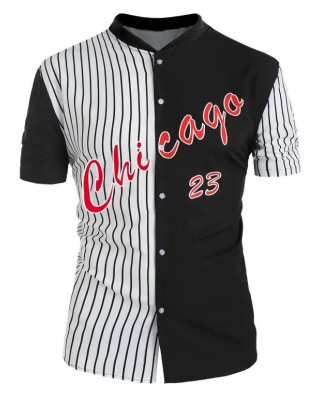 Chicago Two Tone Stripe Half And Half Print Shirt Ribbed Stand Collar Short Sleeve Contrast Shirt