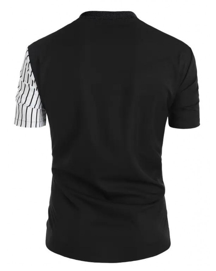 Chicago Two Tone Stripe Half And Half Print Shirt Ribbed Stand Collar Short Sleeve Contrast Shirt