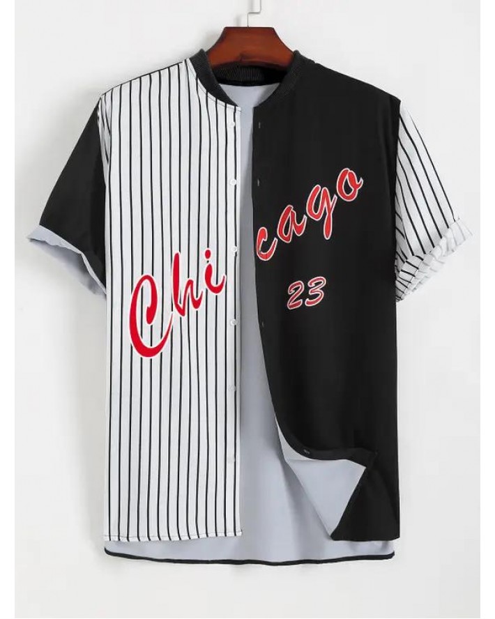 Chicago Two Tone Stripe Half And Half Print Shirt Ribbed Stand Collar Short Sleeve Contrast Shirt