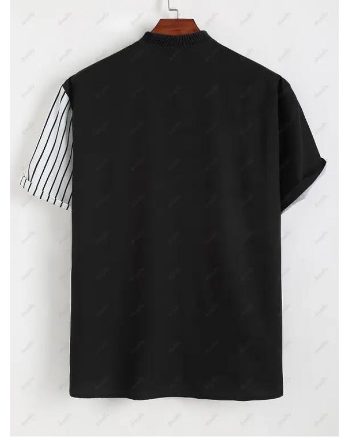 Chicago Two Tone Stripe Half And Half Print Shirt Ribbed Stand Collar Short Sleeve Contrast Shirt
