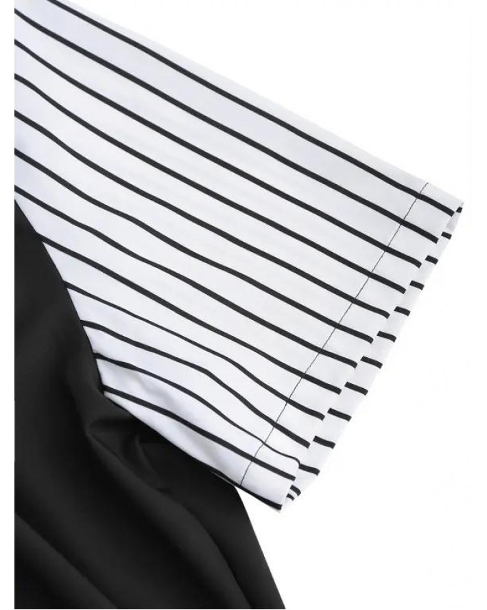 Chicago Two Tone Stripe Half And Half Print Shirt Ribbed Stand Collar Short Sleeve Contrast Shirt