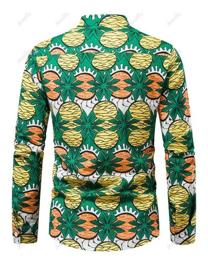 Vintage Shirt Allover Printed Lace Up Shirt Long Sleeve Stand Collar Casual Shirt