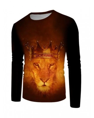 Lion Crown Print T Shirt Round Neck Long Sleeve Casual Tee