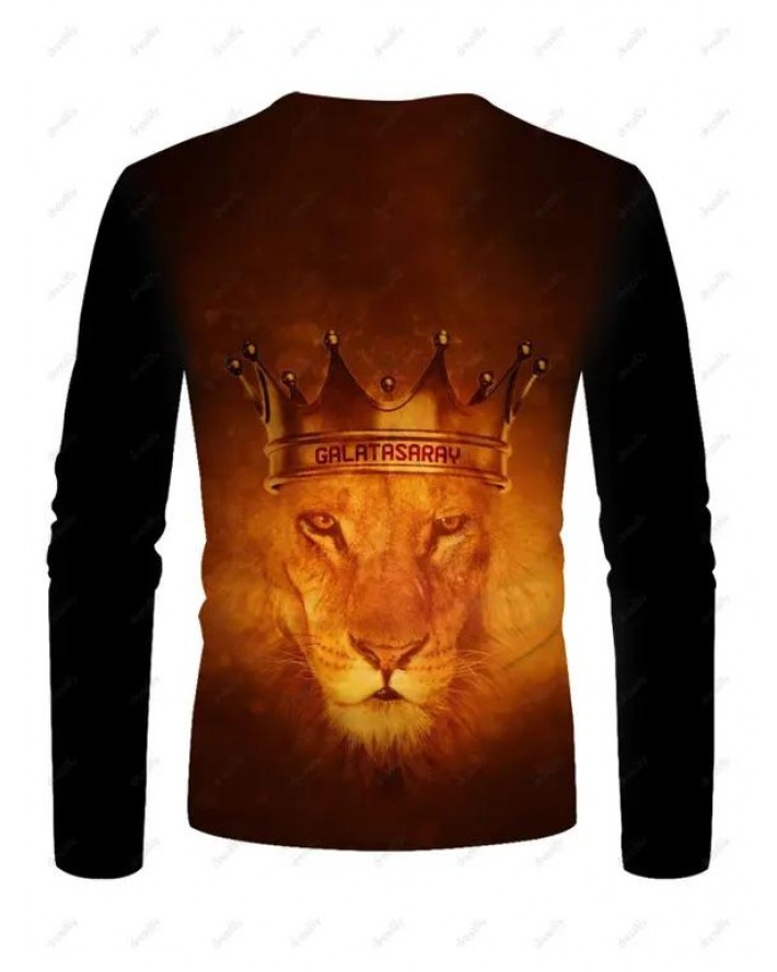 Lion Crown Print T Shirt Round Neck Long Sleeve Casual Tee