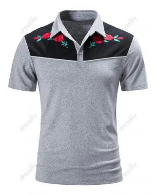 Colorblock T Shirt Embroidery Leaf Rose Pattern Half Button Short Sleeve Turn Down Collar Summer Casual Tee