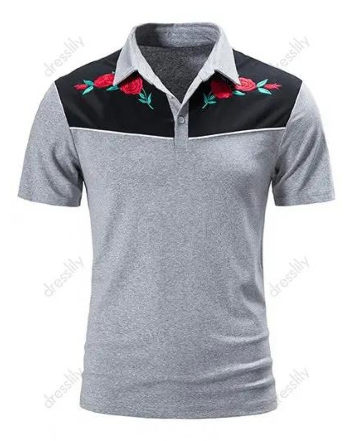 Colorblock T Shirt Embroidery Leaf Rose Pattern Half Button Short Sleeve Turn Down Collar Summer Casual Tee