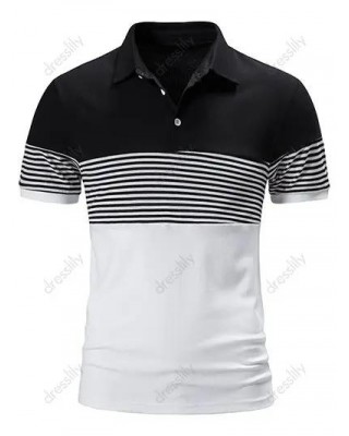 Summer T Shirt Striped Print Colorblock Short Sleeve Turn Down Collar Half Button Casual Tee