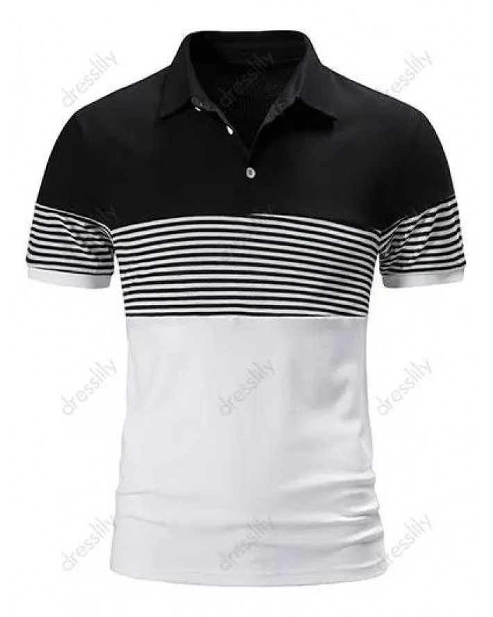 Summer T Shirt Striped Print Colorblock Short Sleeve Turn Down Collar Half Button Casual Tee