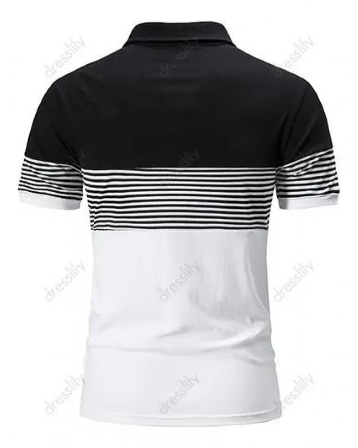 Summer T Shirt Striped Print Colorblock Short Sleeve Turn Down Collar Half Button Casual Tee