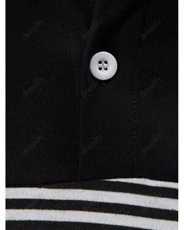 Summer T Shirt Striped Print Colorblock Short Sleeve Turn Down Collar Half Button Casual Tee