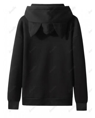 Cute Fleece Lining Hoodie With Cat Ear Pure Color Kangaroo Pocket Drawstring Hoodie