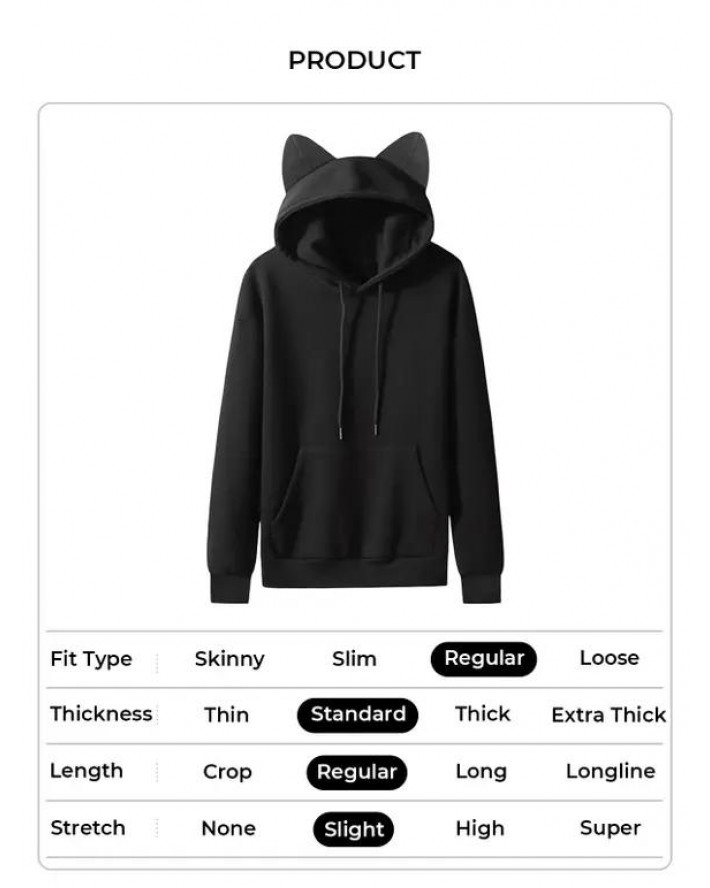 Cute Fleece Lining Hoodie With Cat Ear Pure Color Kangaroo Pocket Drawstring Hoodie