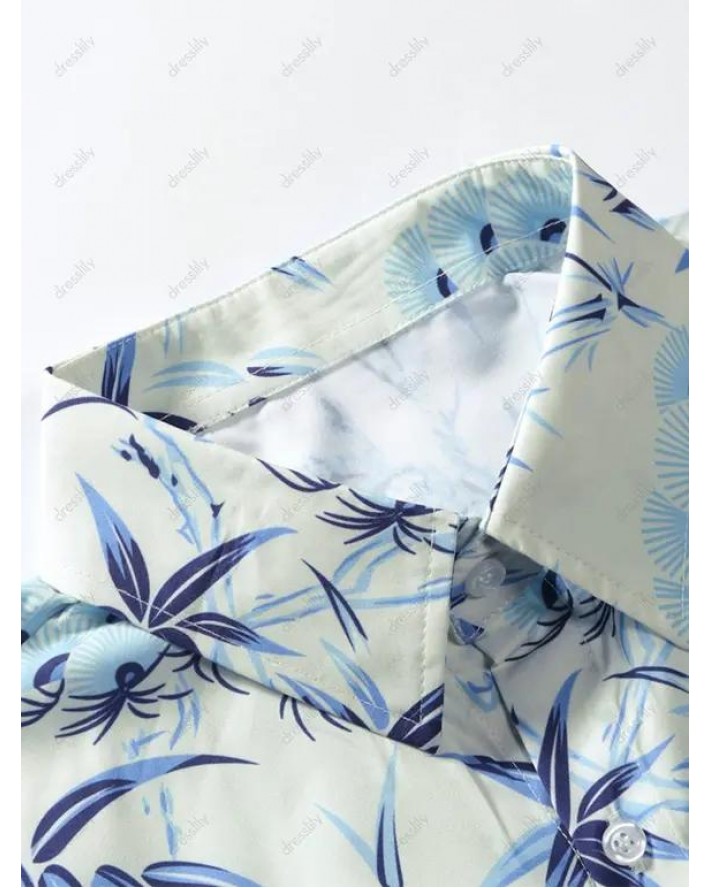 Short Sleeve Leaves Allover Print Vacation Shirt