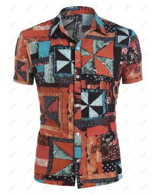 Geometric Patchwork Print Button Up Shirt