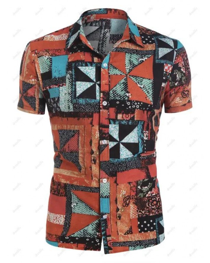 Geometric Patchwork Print Button Up Shirt