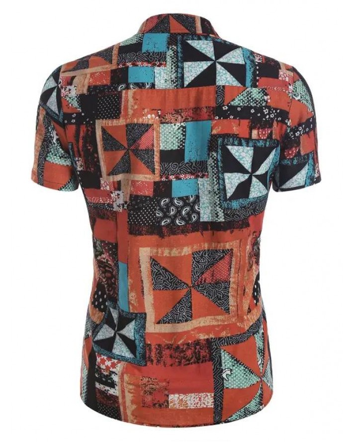 Geometric Patchwork Print Button Up Shirt
