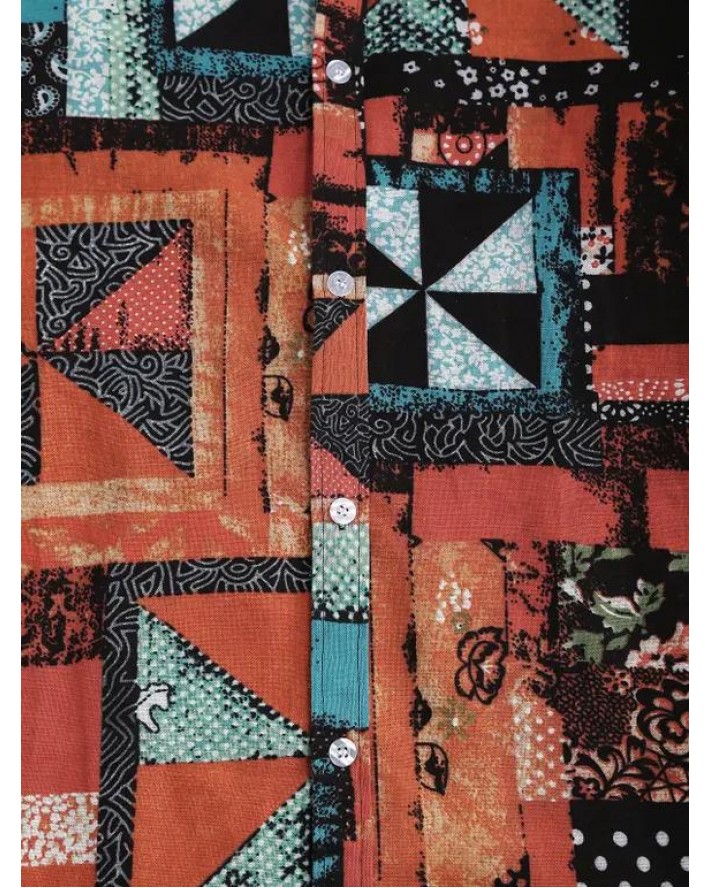 Geometric Patchwork Print Button Up Shirt