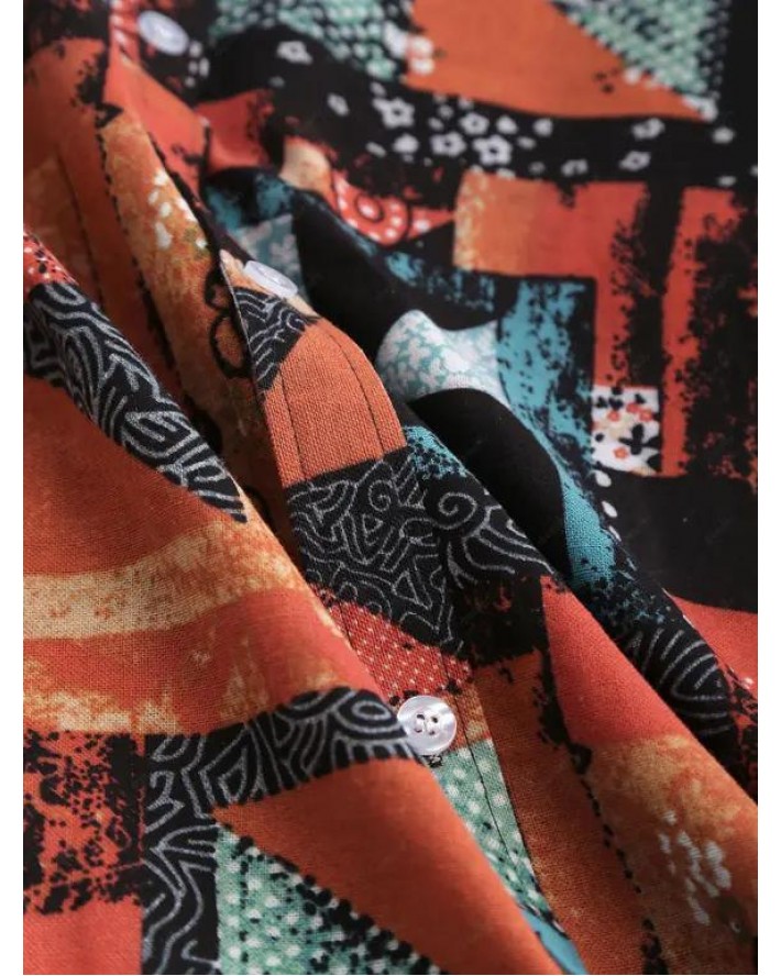 Geometric Patchwork Print Button Up Shirt