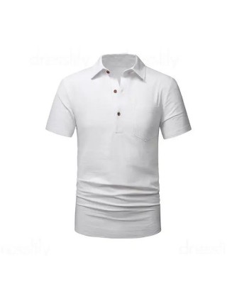 Plain Color Shirt Half Button Front Pocket Turn Down Collar Short Sleeve Shirt