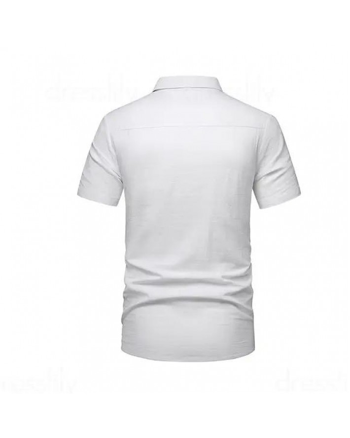 Plain Color Shirt Half Button Front Pocket Turn Down Collar Short Sleeve Shirt