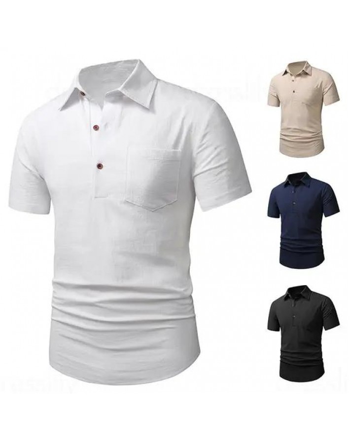 Plain Color Shirt Half Button Front Pocket Turn Down Collar Short Sleeve Shirt