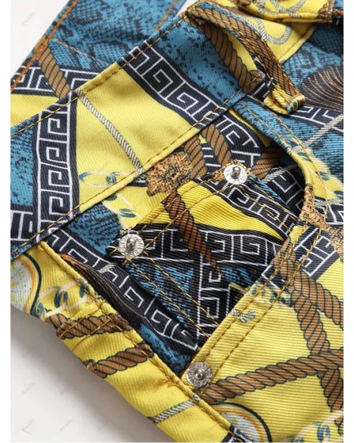Bohemian Jeans Colorblock Tassel Rope Print Zipper Fly Pockets Vacation Trendy Demin Pants