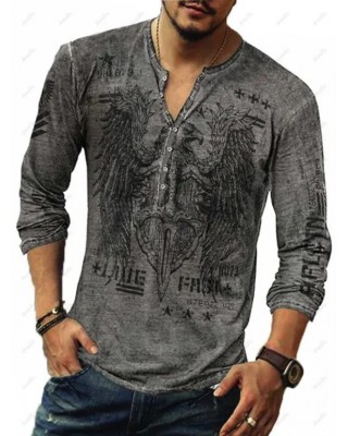 Casual T Shirt Number Cross Eagle Print Half Button Long Sleeve Spring Tee
