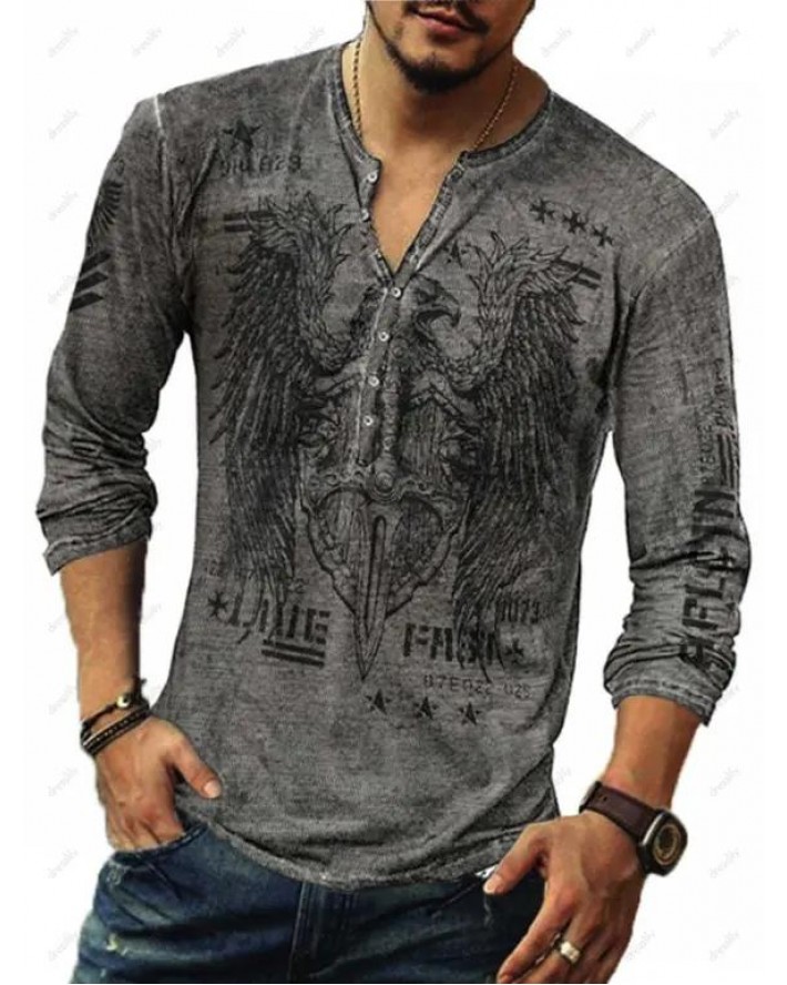Casual T Shirt Number Cross Eagle Print Half Button Long Sleeve Spring Tee