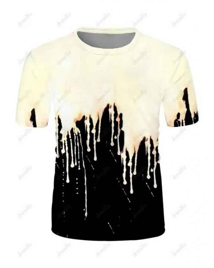 Summer Contrast Casual T Shirt Dip Painting Round Neck Short Sleeves Tee