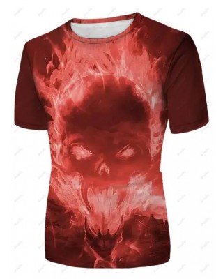 Fire Skull Pattern T Shirt Round Neck Short Sleeve Casual Tee