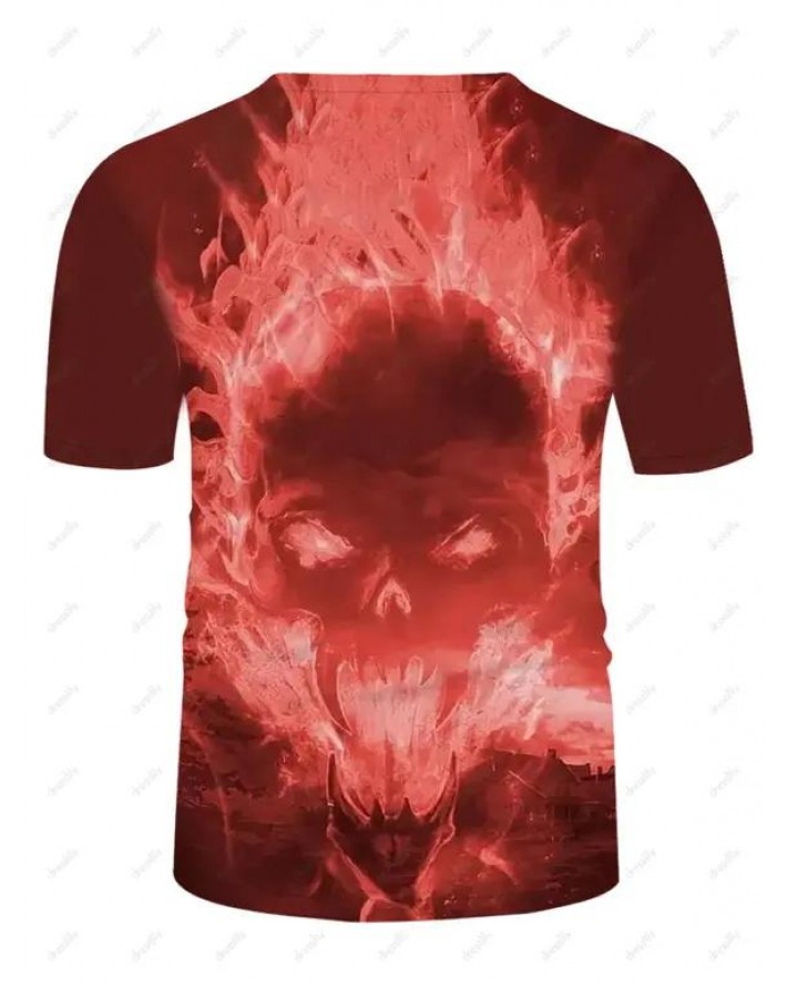 Fire Skull Pattern T Shirt Round Neck Short Sleeve Casual Tee