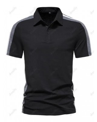 Colorblock T Shirt Half Button Turn Down Collar Short Sleeve Summer Casual Tee