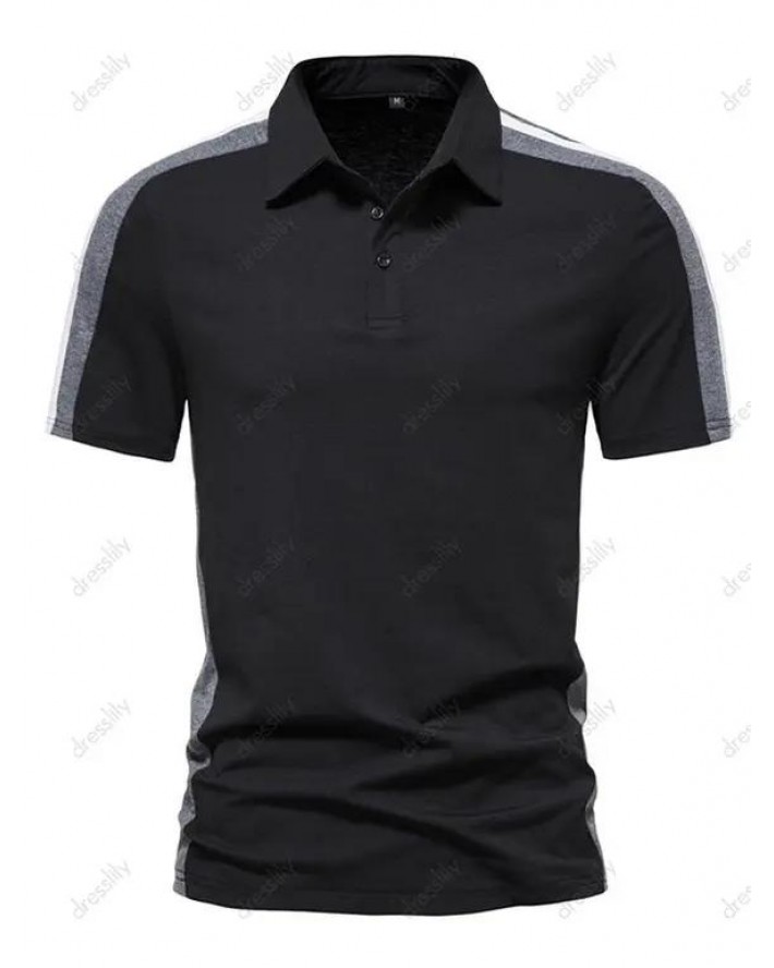 Colorblock T Shirt Half Button Turn Down Collar Short Sleeve Summer Casual Tee