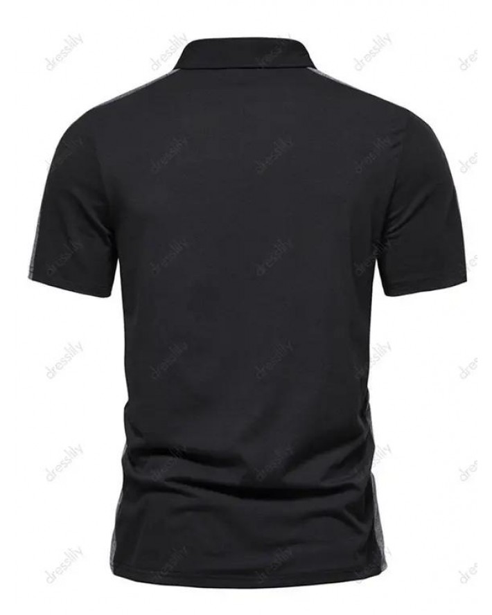 Colorblock T Shirt Half Button Turn Down Collar Short Sleeve Summer Casual Tee