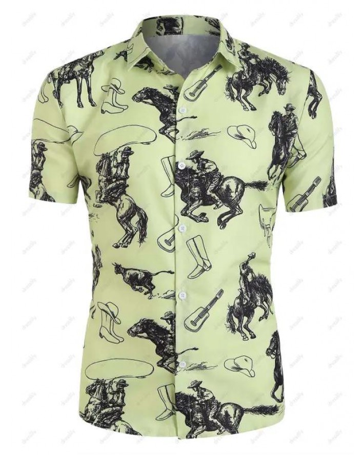 Allover Horse Guitar Print Button Up Shirt