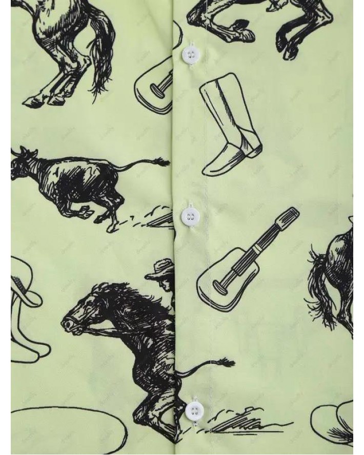 Allover Horse Guitar Print Button Up Shirt