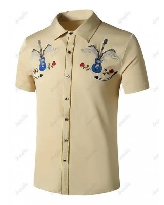 Guitar Rose Flowers Embroidered Metallic Thread Shirt